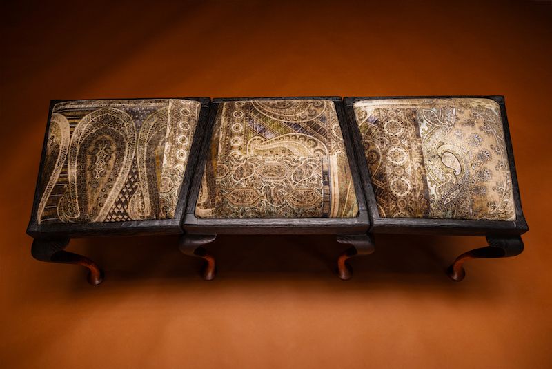 photo vinterior Pinscher Bench – Handcrafted From Queen Anne Chairs With Shou Sugi Ban Finish And Velvet Upholstery.