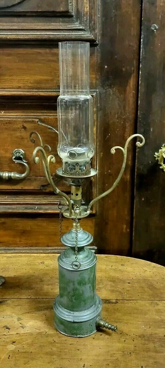 Lighting Antique Oil Lamp Metal And Glass 19th Century Original Lamp photo