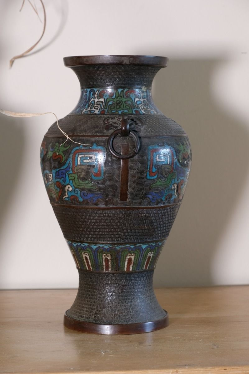 Pair Of Chinese Enamel Bronze Vases With Dragons And Ring Handles photo 520.0