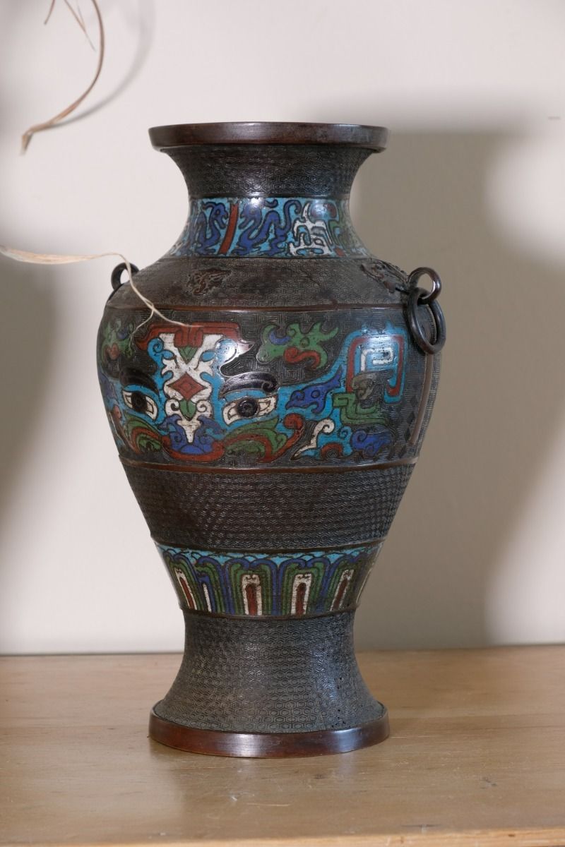 Pair Of Chinese Enamel Bronze Vases With Dragons And Ring Handles photo vinterior