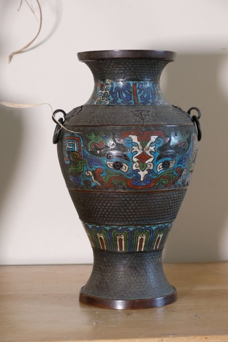Pair Of Chinese Enamel Bronze Vases With Dragons And Ring Handles photo buy