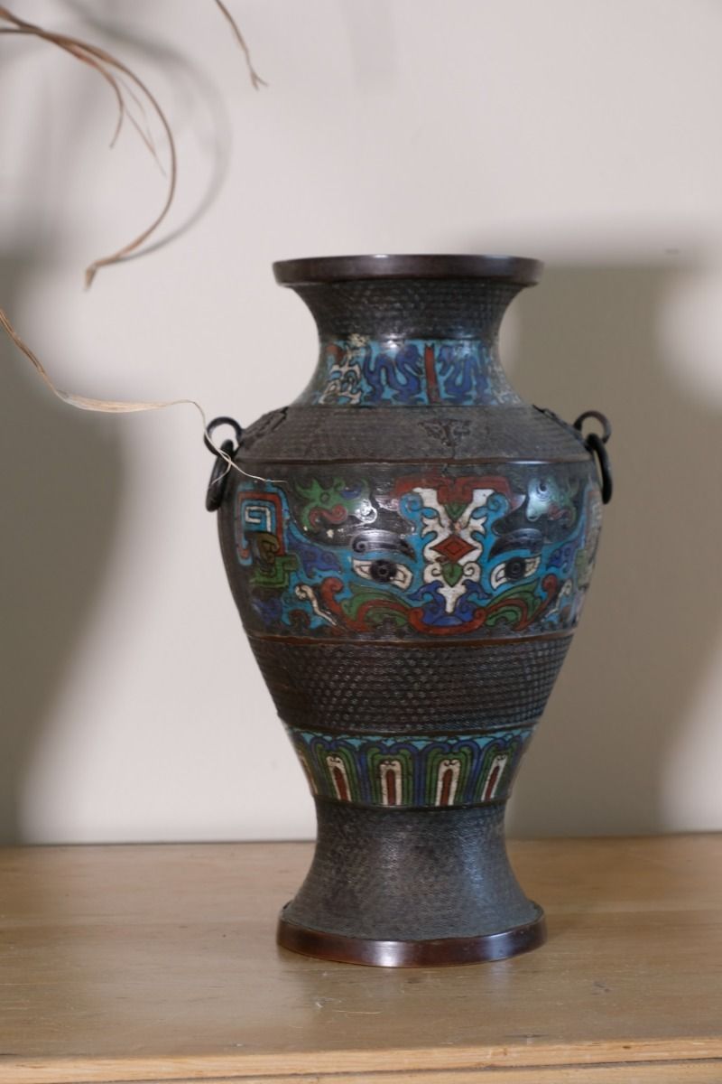 Pair Of Chinese Enamel Bronze Vases With Dragons And Ring Handles photo vintage