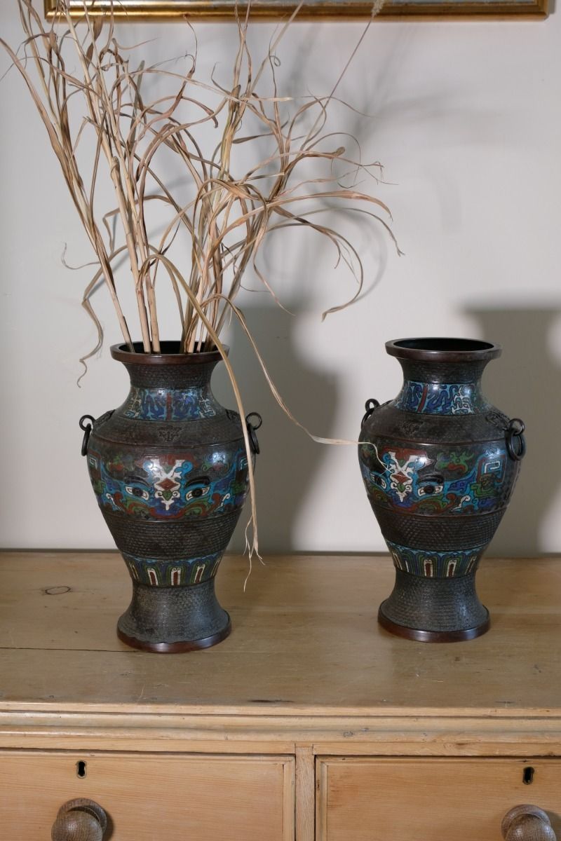 photo vintage Pair Of Chinese Enamel Bronze Vases With Dragons And Ring Handles
