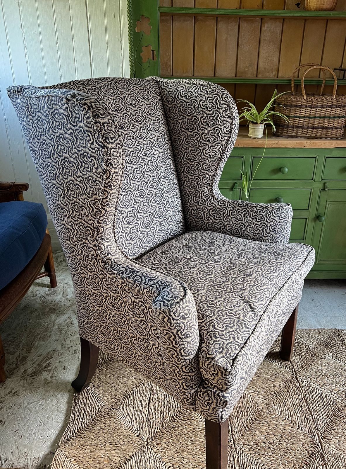 Large Georgian Wingback Armchair, Traditionally Reupholstered In Squiggle/Seaweed Dark Blue & Natural Linwood Fabric. photo 1499.0