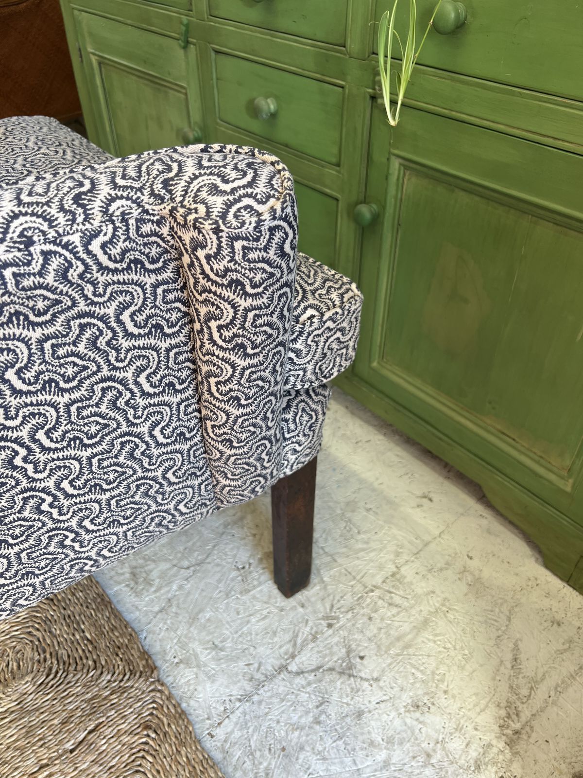 Large Georgian Wingback Armchair, Traditionally Reupholstered In Squiggle/Seaweed Dark Blue & Natural Linwood Fabric. photo buy
