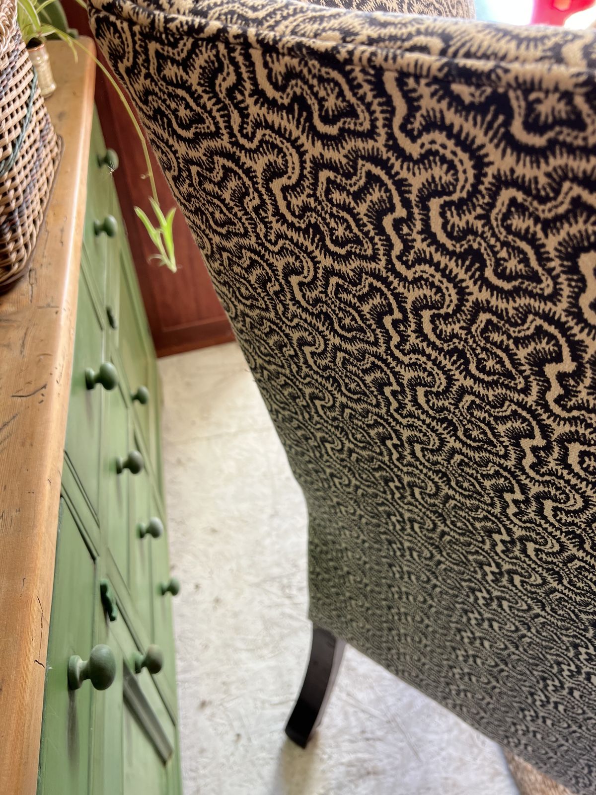 photo for sale Large Georgian Wingback Armchair, Traditionally Reupholstered In Squiggle/Seaweed Dark Blue & Natural Linwood Fabric.