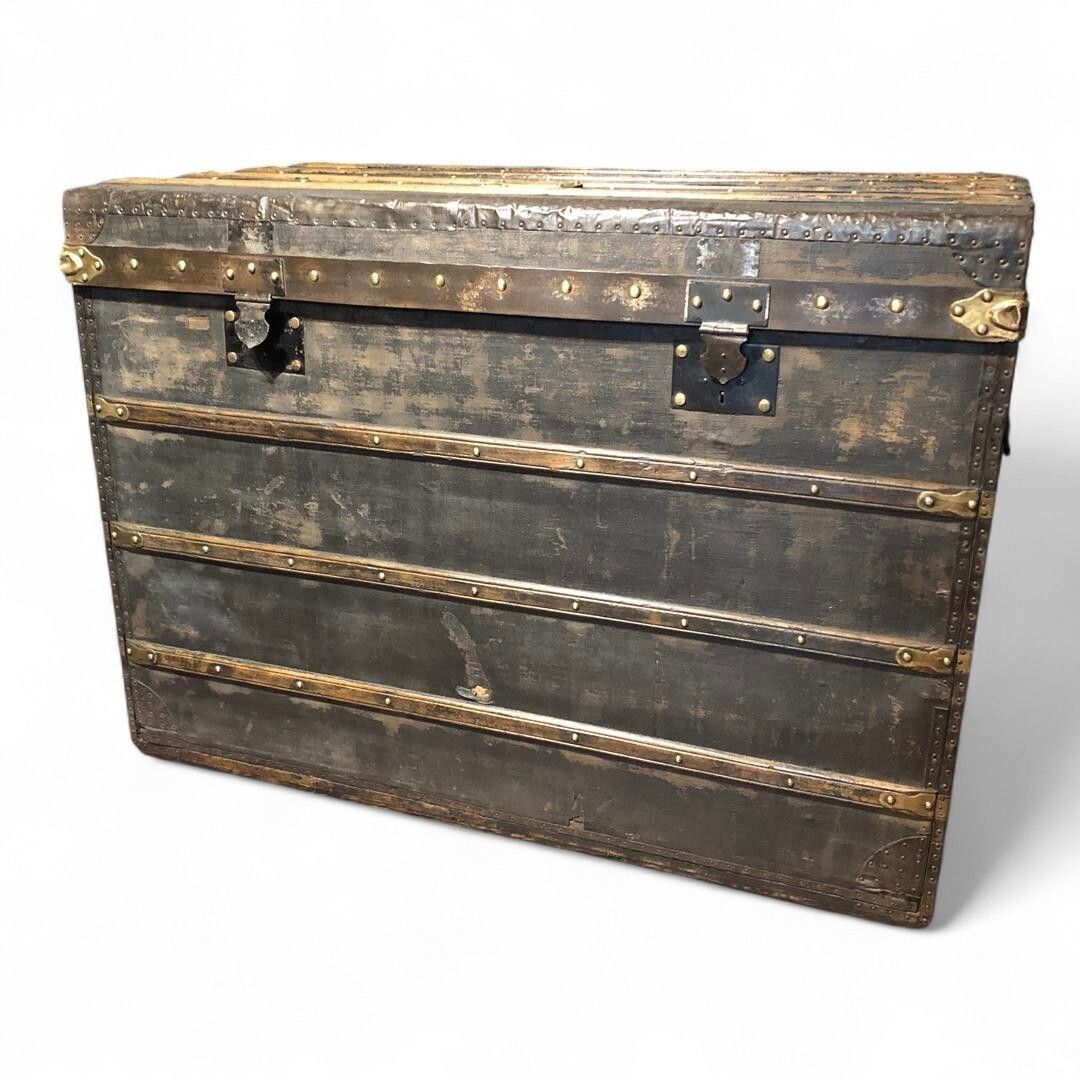 Large Antique French Steamer Trunk Black Canvas And Wood 1910s