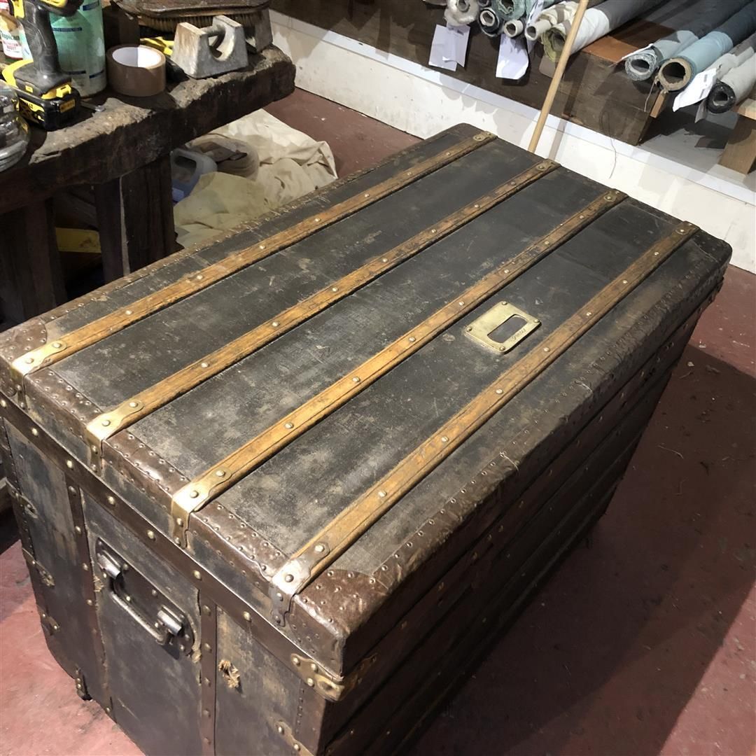photo vinterior Large Antique French Steamer Trunk Black Canvas And Wood 1910s
