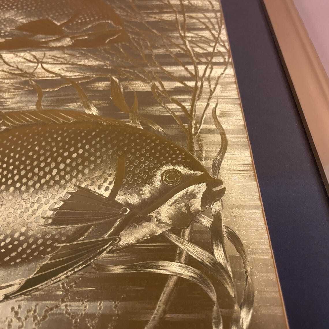 Vintage Gold Embossed Foil Metal Fish Art Framed Tropical Sea Life By J. Hardelin Retro Metallic Wall Art Ocean Theme Etched Metal Framed photo vinterior
