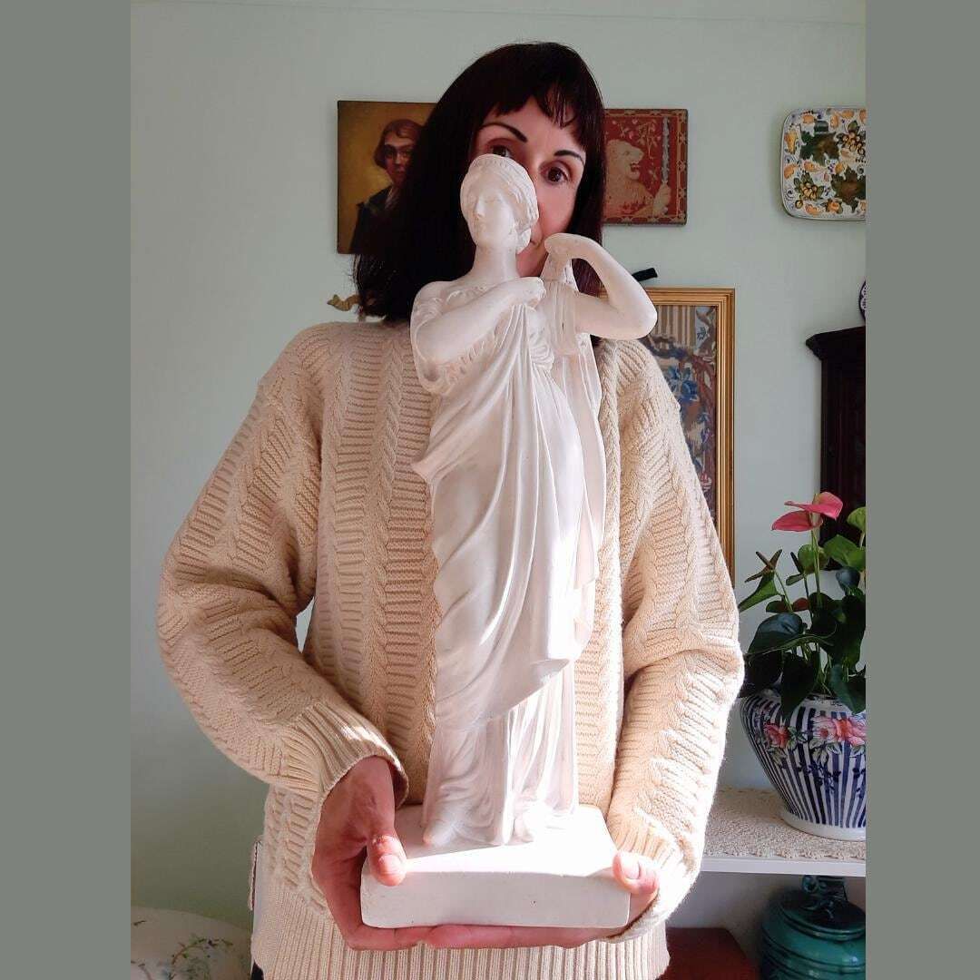 Large Antique Plaster Cast Tanagra Lady Arranging Garments 19th Century Museum Replica, Academia Decor photo furniture