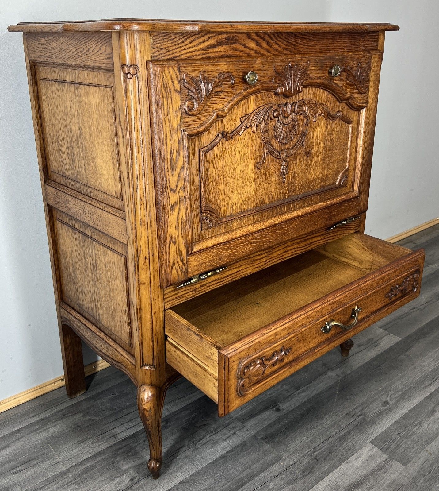 Cabinet Vintage French Louis XVI Oak Carved Drop Front Cupboard Lot 4345 photo for sale