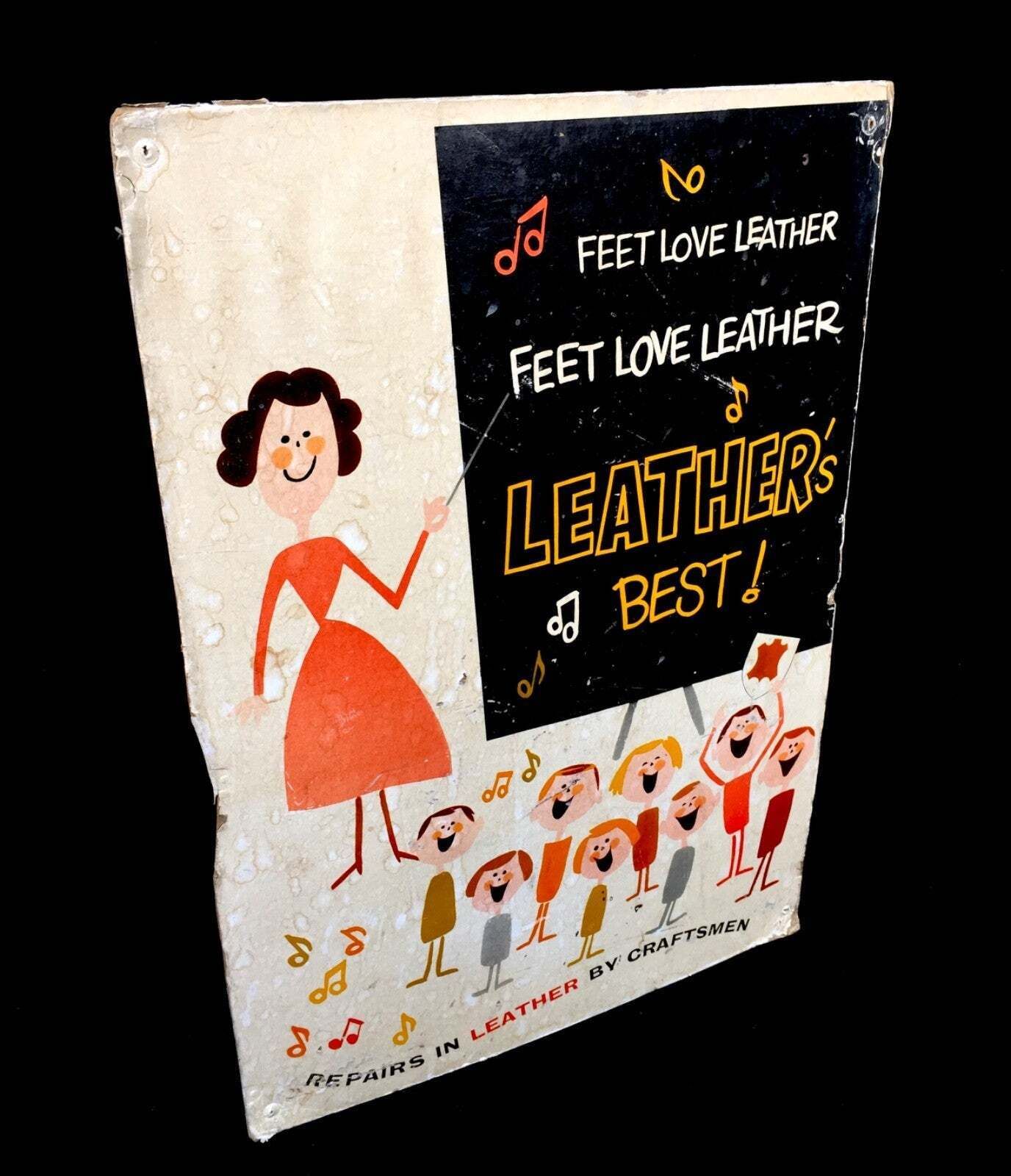 Antique Advertising Shoe Cobbler Shop Display Showcard Sign Leather Shoes 1950 photo furniture