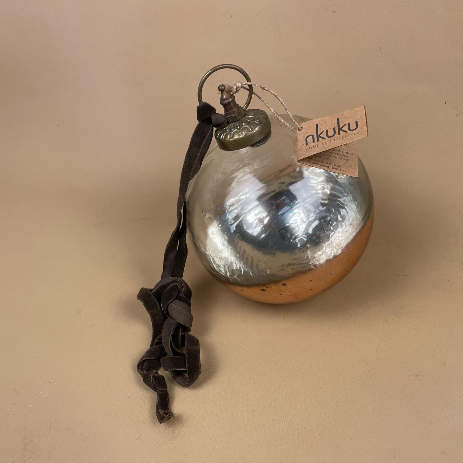 Nkuku Nevasa Glass Giant Bauble Round Clear & Antique Copper Christmas Decoration Eco Friendly Rustic Ornament Holiday Home Decor Gift