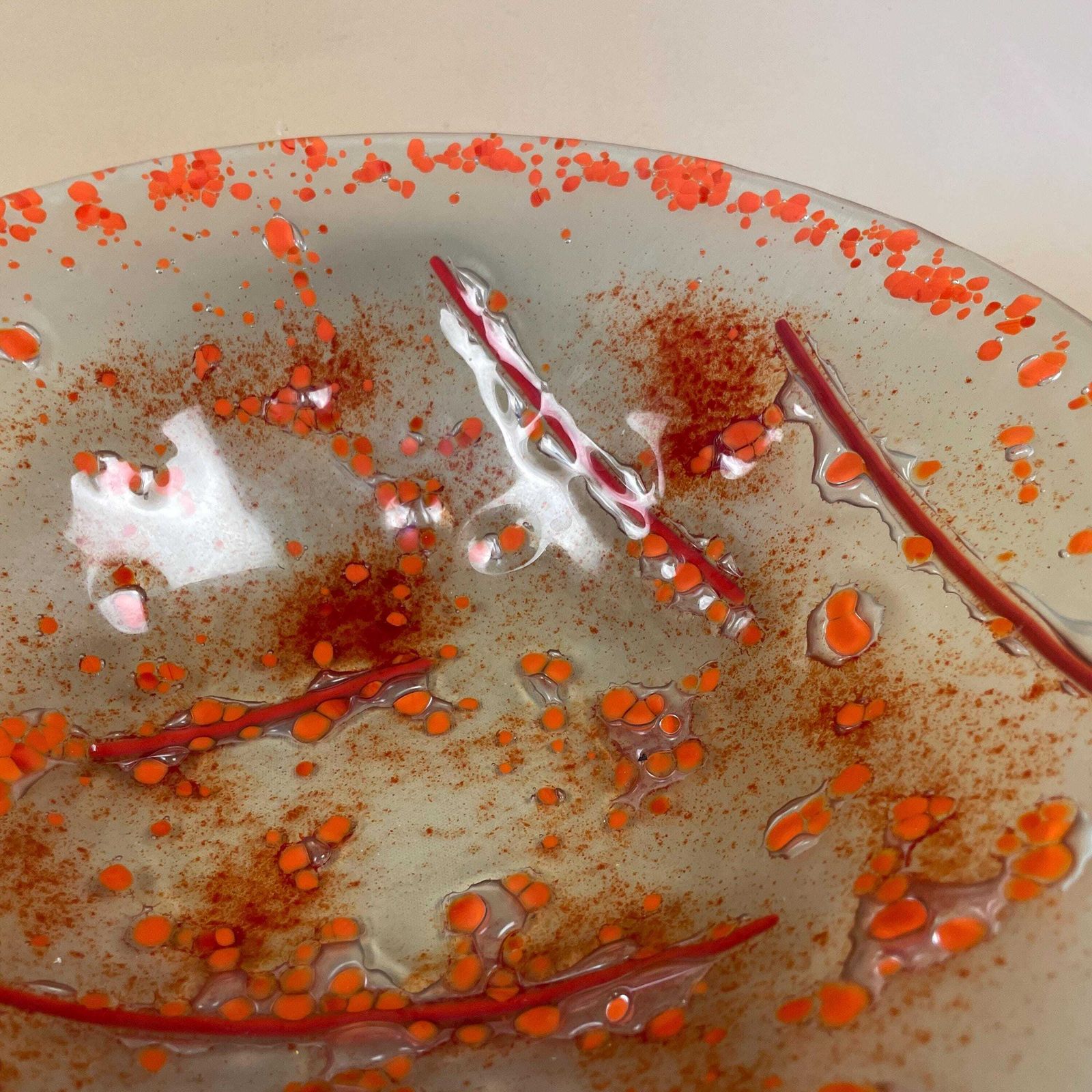 Contemporary Art Glass Bowl Hand Blown Orange Red Splatter Decorative Centrepiece Display Bowl Modern Abstract Fused Glass Studio Piece photo 55.0
