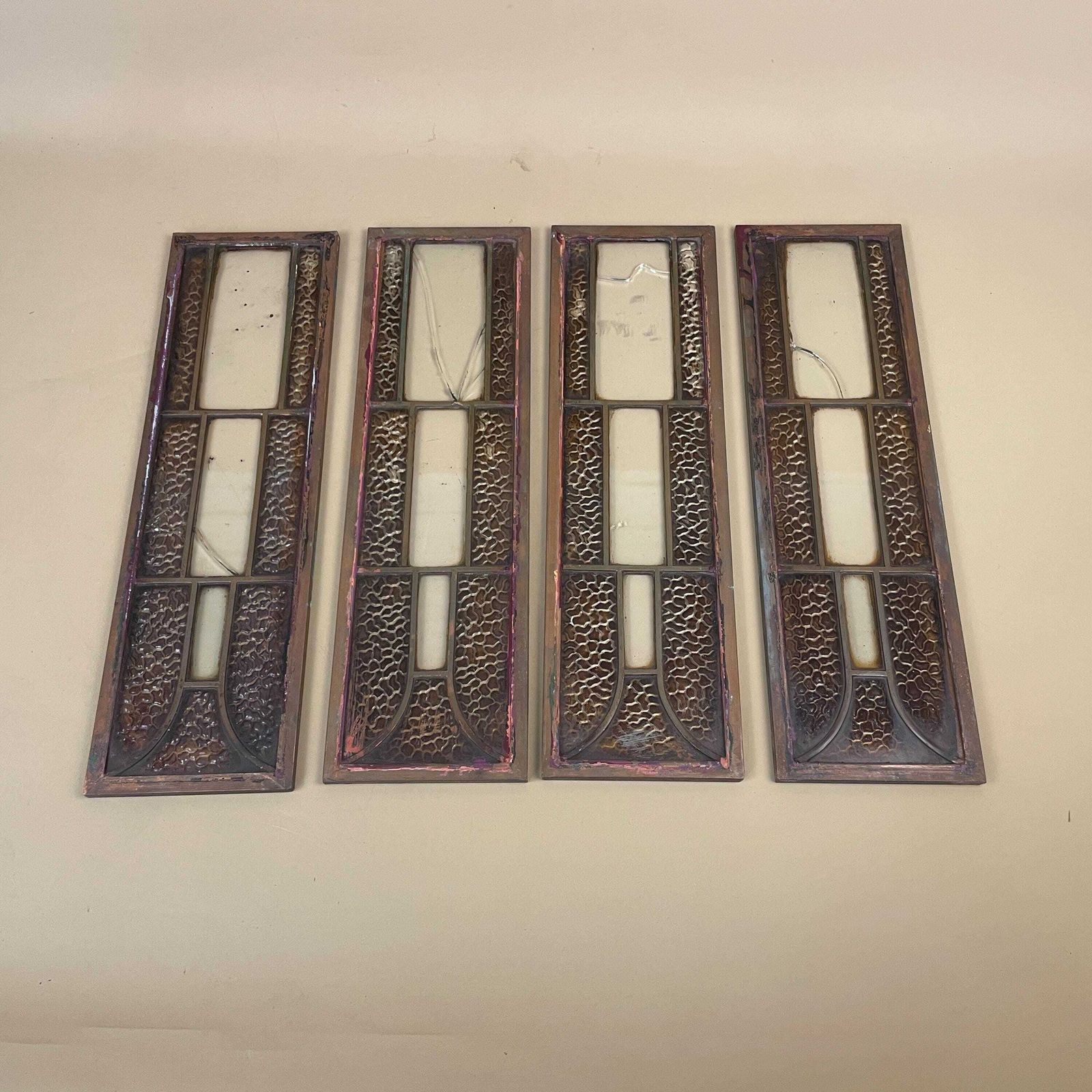 Antique Metal Glass Panels Set Of Four Art Nouveau Gothic Architectural Grilles Beveled Inserts Vintage Door Window Furniture Salvage Copper
