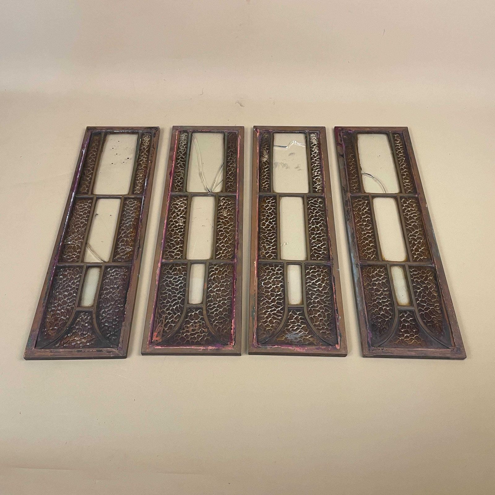 Antique Metal Glass Panels Set Of Four Art Nouveau Gothic Architectural Grilles Beveled Inserts Vintage Door Window Furniture Salvage Copper photo furniture