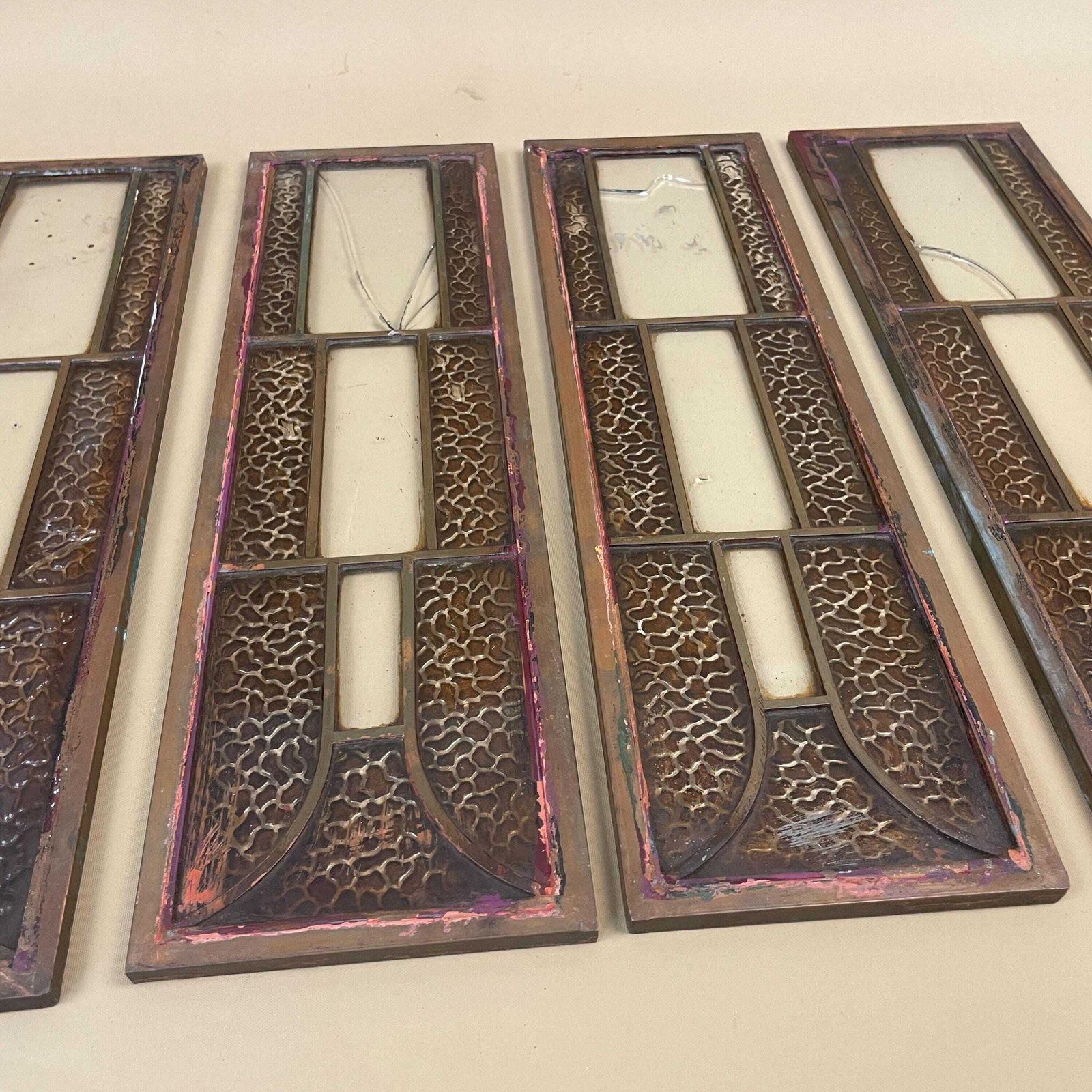 Antique Metal Glass Panels Set Of Four Art Nouveau Gothic Architectural Grilles Beveled Inserts Vintage Door Window Furniture Salvage Copper photo Home Fixtures