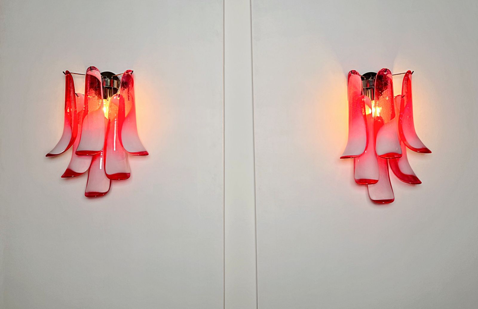 photo for sale Pair Of Vintage Italian Murano Wall Lights In The Manner Of Mazzega   Red Glass Petals