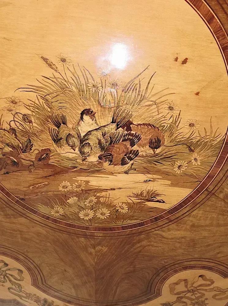 A Very Rare 19th Century Olive Wood Marquetry Inlaid Flip Top Table photo furniture