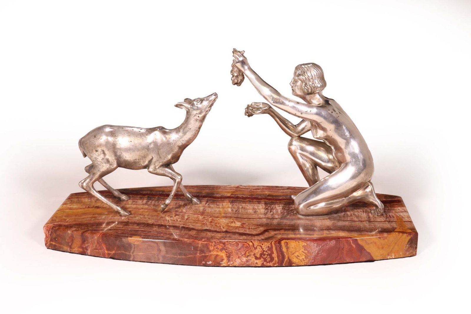 Art Deco Silvered Bronze Of Lady Feeding Deer By D’arte C1930 photo 1280.0