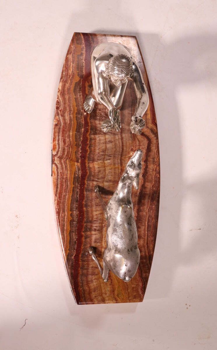 photo for sale Art Deco Silvered Bronze Of Lady Feeding Deer By D’arte C1930