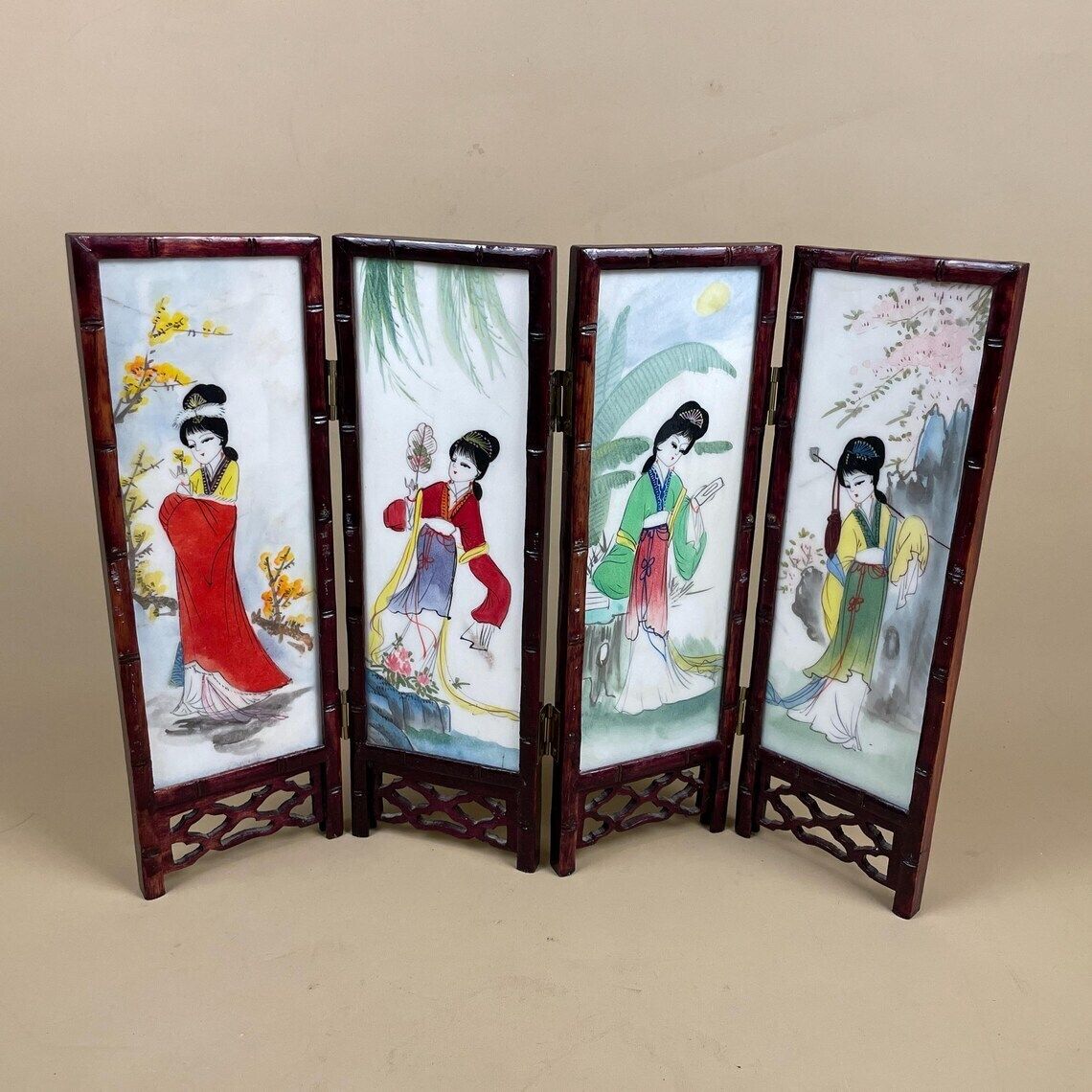 Antique Mini Table Top Oriental Japanese Wooden Divider Privacy Screen Vintage Folding Pattern Ceramic Tile Hand Painted Geisha Birds photo 113.0