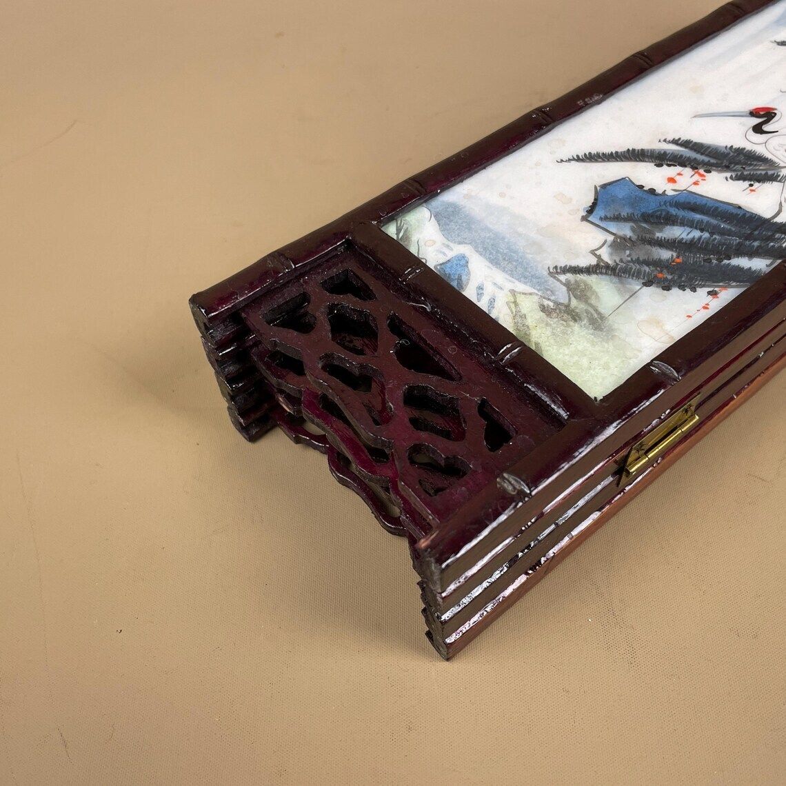 photo buy Antique Mini Table Top Oriental Japanese Wooden Divider Privacy Screen Vintage Folding Pattern Ceramic Tile Hand Painted Geisha Birds