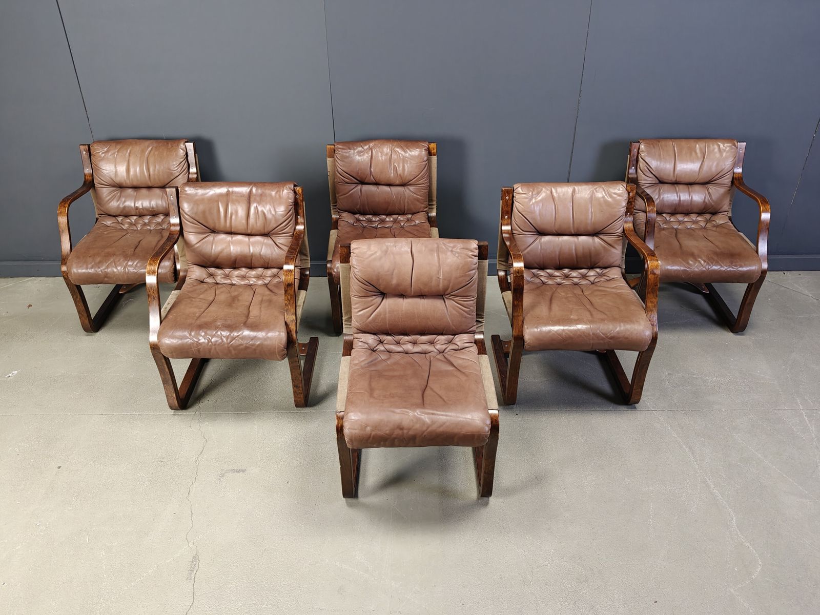Vintage Asko Pajamies Finland Leather Plywood Chairs, Set Of 6   1970s photo furniture