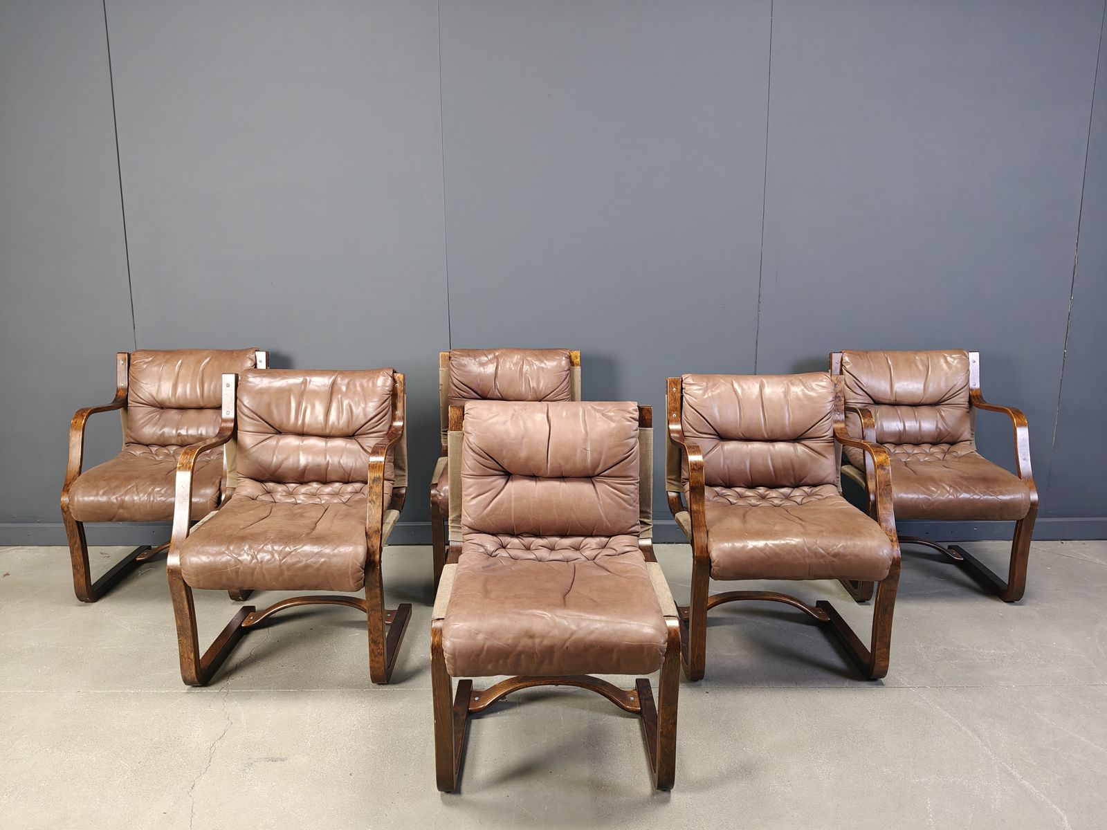 Vintage Asko Pajamies Finland Leather Plywood Chairs, Set Of 6   1970s
