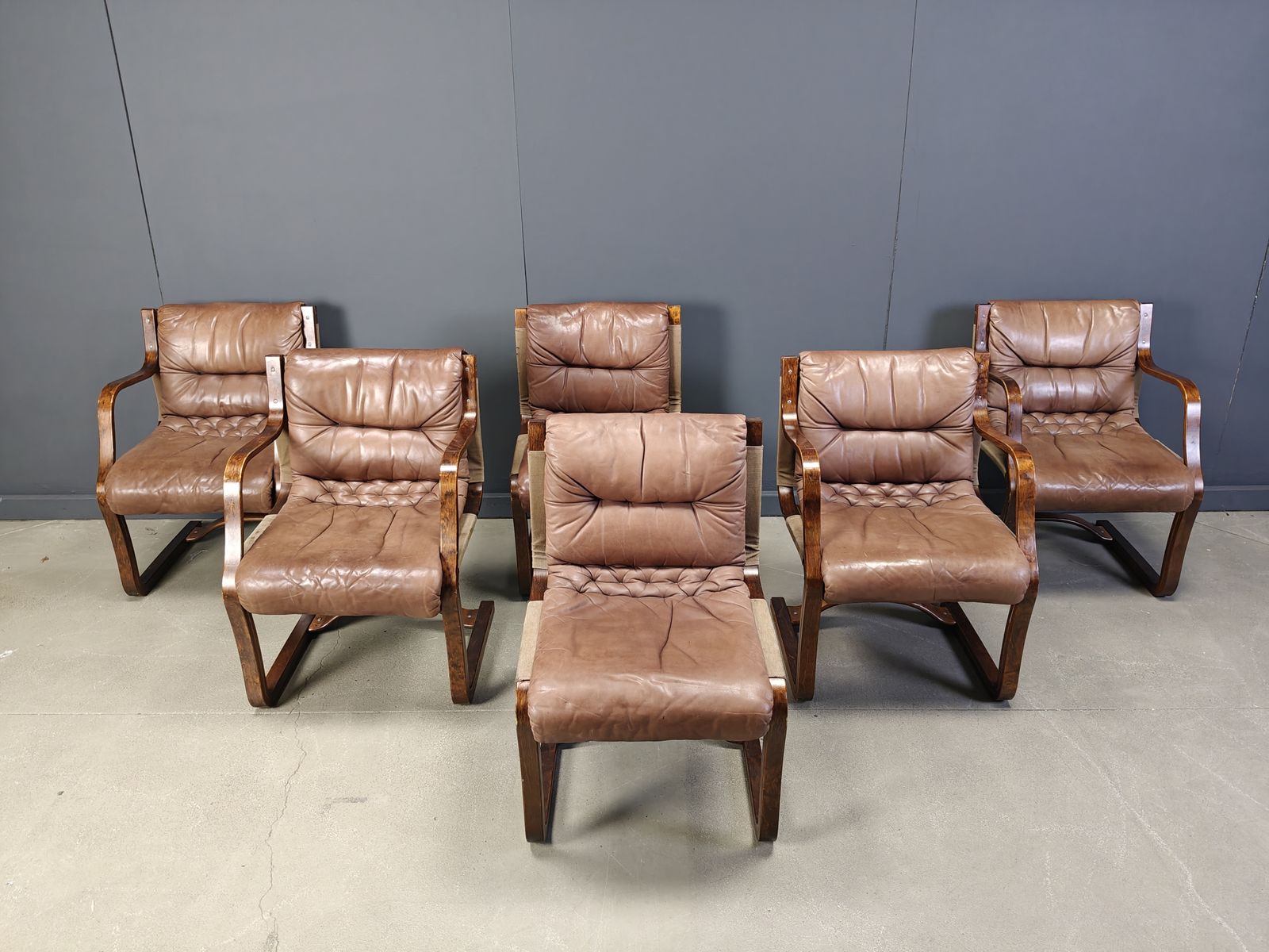 photo furniture Vintage Asko Pajamies Finland Leather Plywood Chairs, Set Of 6   1970s