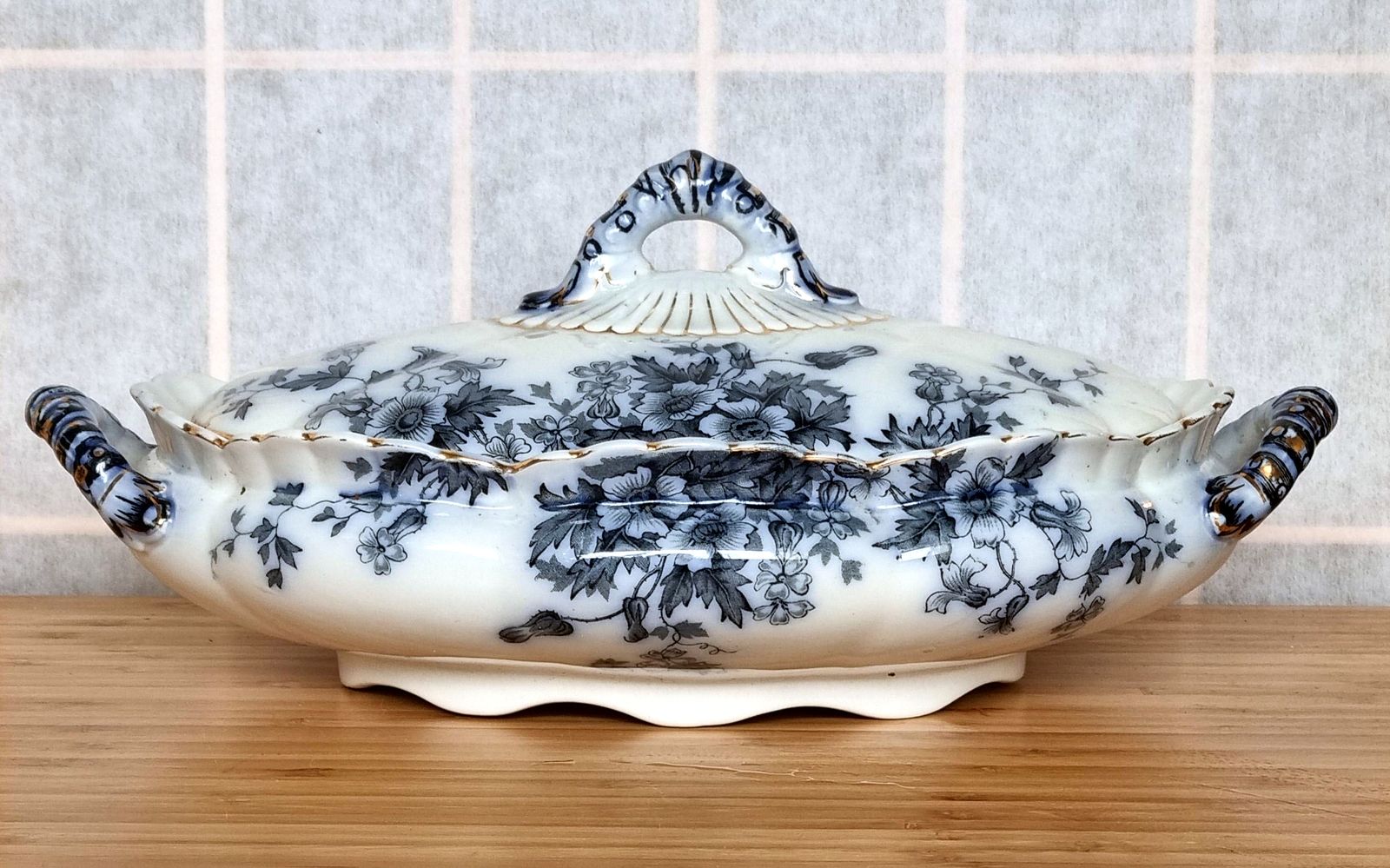 photo for sale Antique English Flow Blue Lidded Tureen, Transferware Covered Serving Dish, Cobalt Floral With Gilt, Ornate Handles & Finial