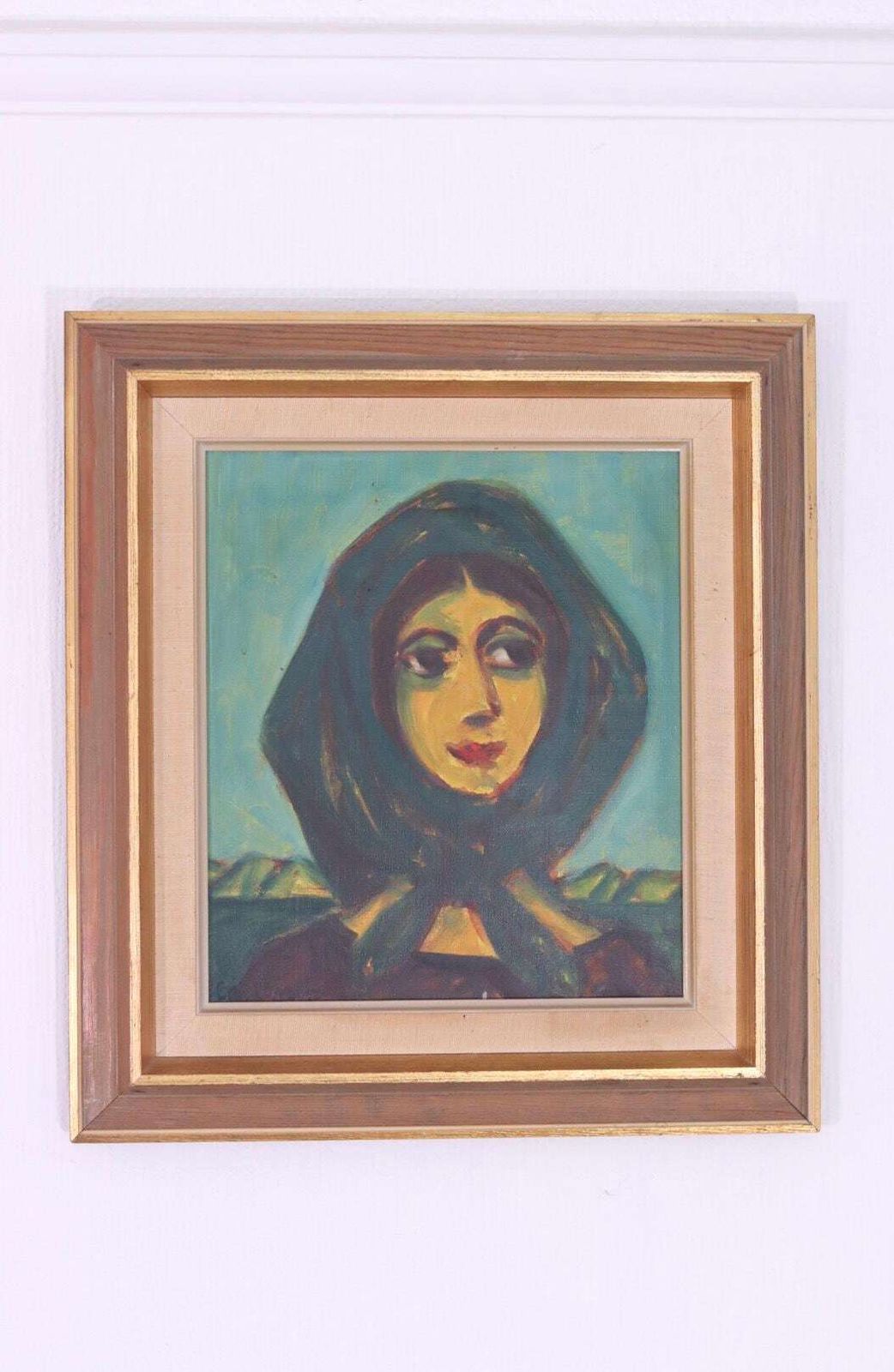 Original Danish Oil On Canvas – “Woman In Scarf” By Erik Larsen (1902–1965) – Vintage & Framed  41 × 45 Cm (16.1" × 17.7")