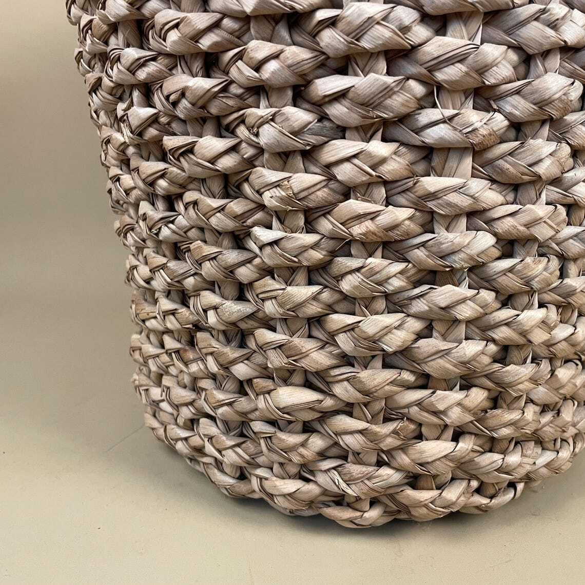 Cylinder Basket Woven Wicker Brown Storage Vintage Round Circular Wood Cottage Farmhouse Bin Trash Handmade Antique Planter Pot Metal photo vinterior
