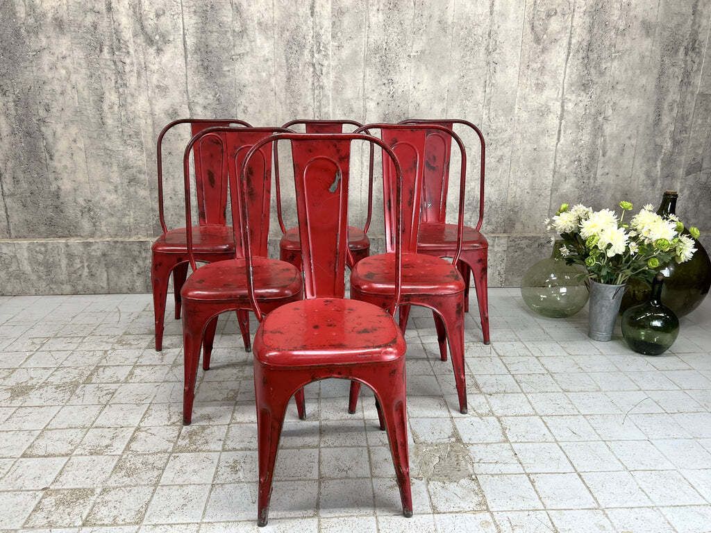 Set Of 6 Red 1930's Style Tolix Metal Chairs