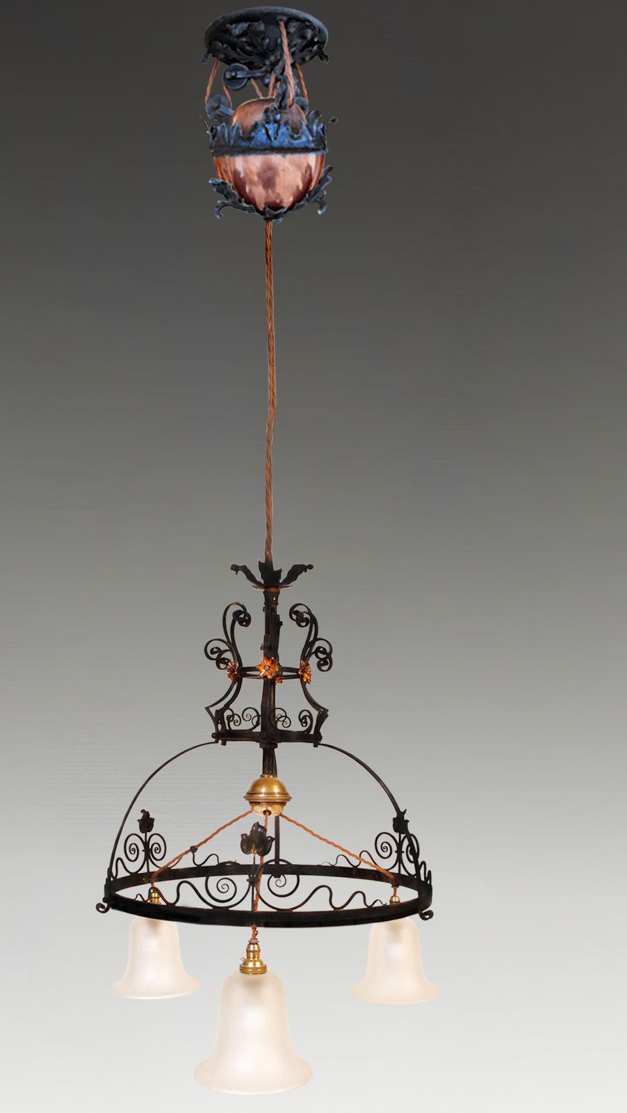 Art Nouveau Superb Copper And Wrought Iron Ceiling Chandelier Lamp. Circa 1900. Original Glass Shades. Drop Max 170cm