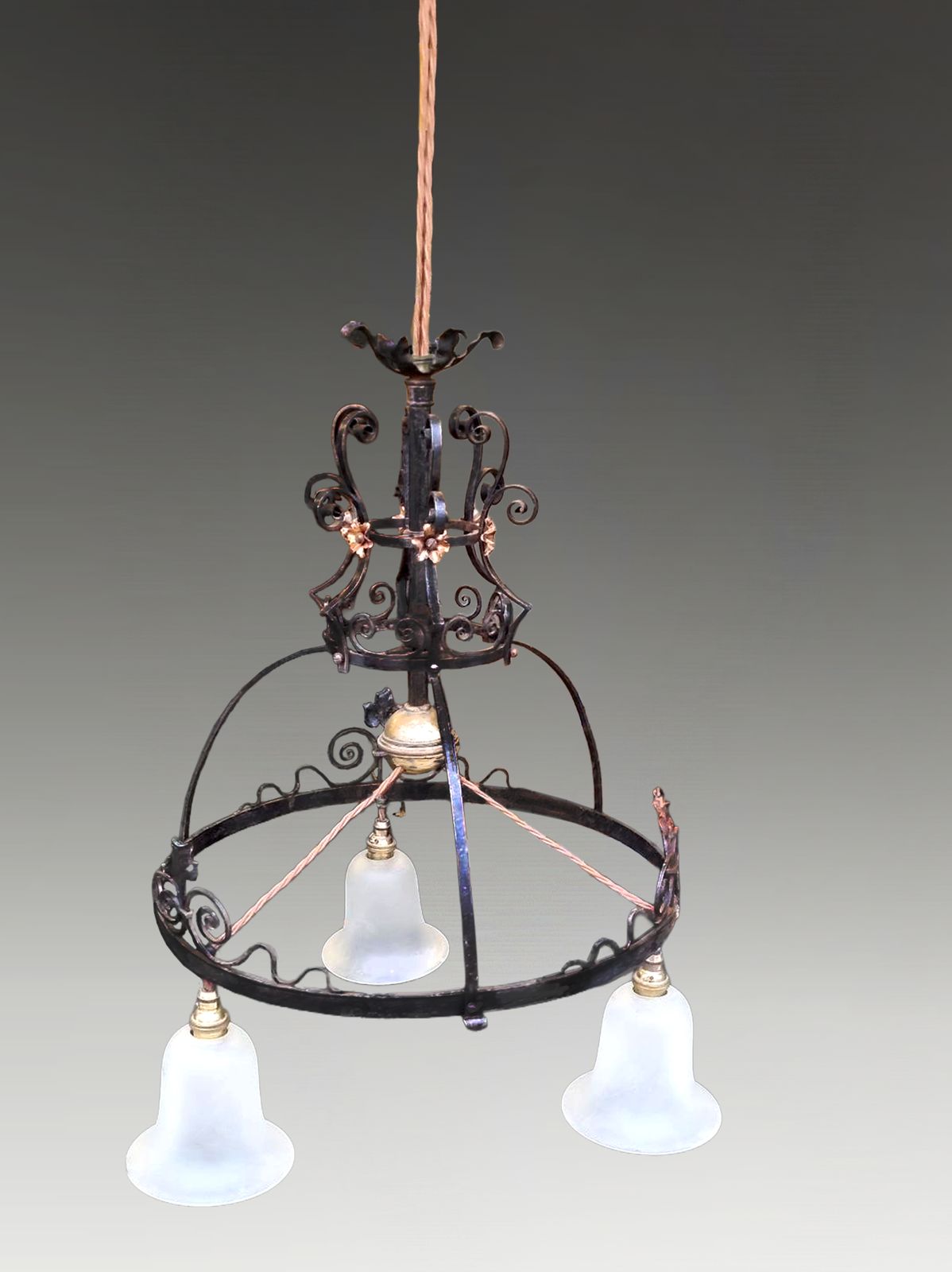 Art Nouveau Superb Copper And Wrought Iron Ceiling Chandelier Lamp. Circa 1900. Original Glass Shades. Drop Max 170cm photo for sale