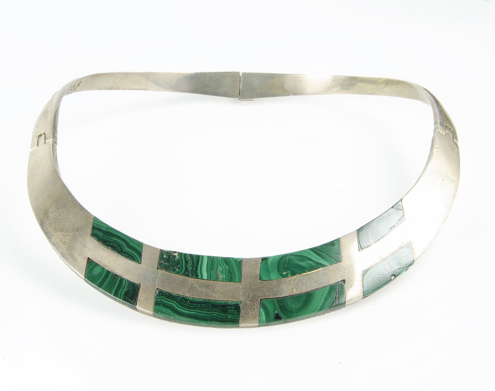 Mid Century Sterling Silver And Malachite Jewelry Set: Necklace, Pair Of Bracelets And Pendant From Taxco, Mexico, Presumably By Los Castillo photo buy
