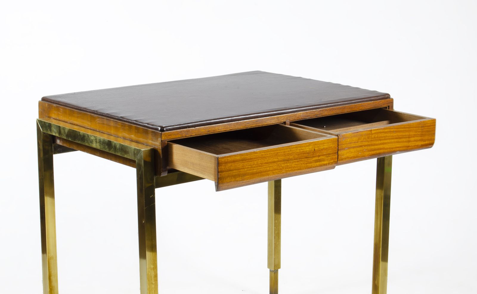 1940s Jansen Style Modern Wooden 2 Drawer Desk With Bronze Accents And Leather Surface, France photo furniture