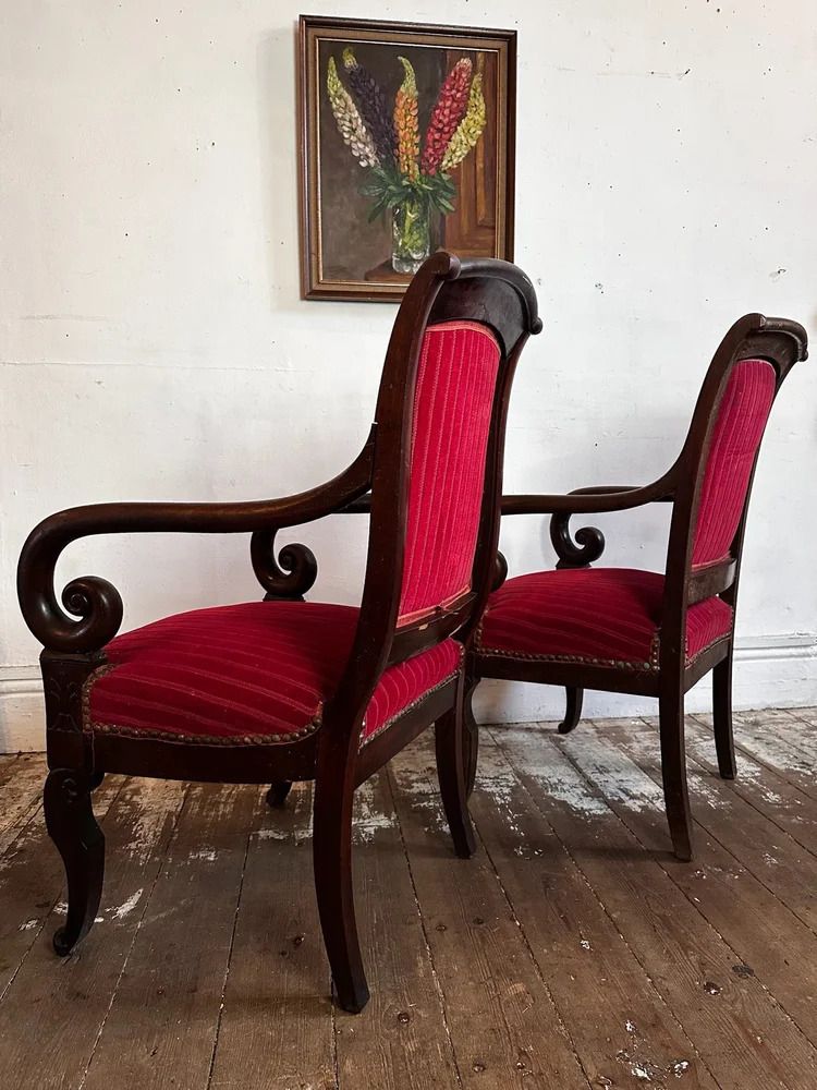 photo for sale French Empire Armchairs In Red Velvet And Mahogany C1830