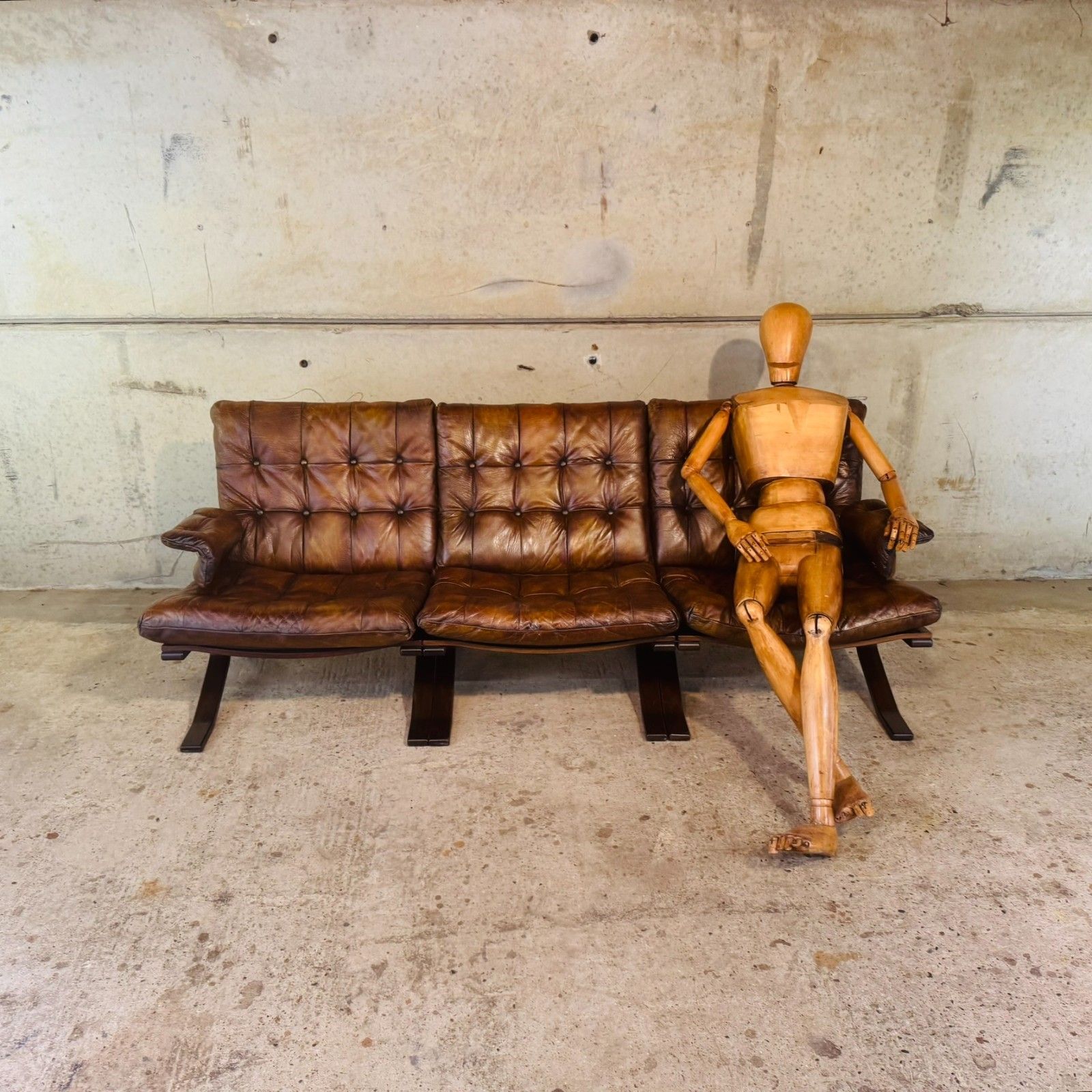 1970s Norwegian Tan Leather 3 Seater Sofa — Rustic Bentwood Frame #A740 photo for sale