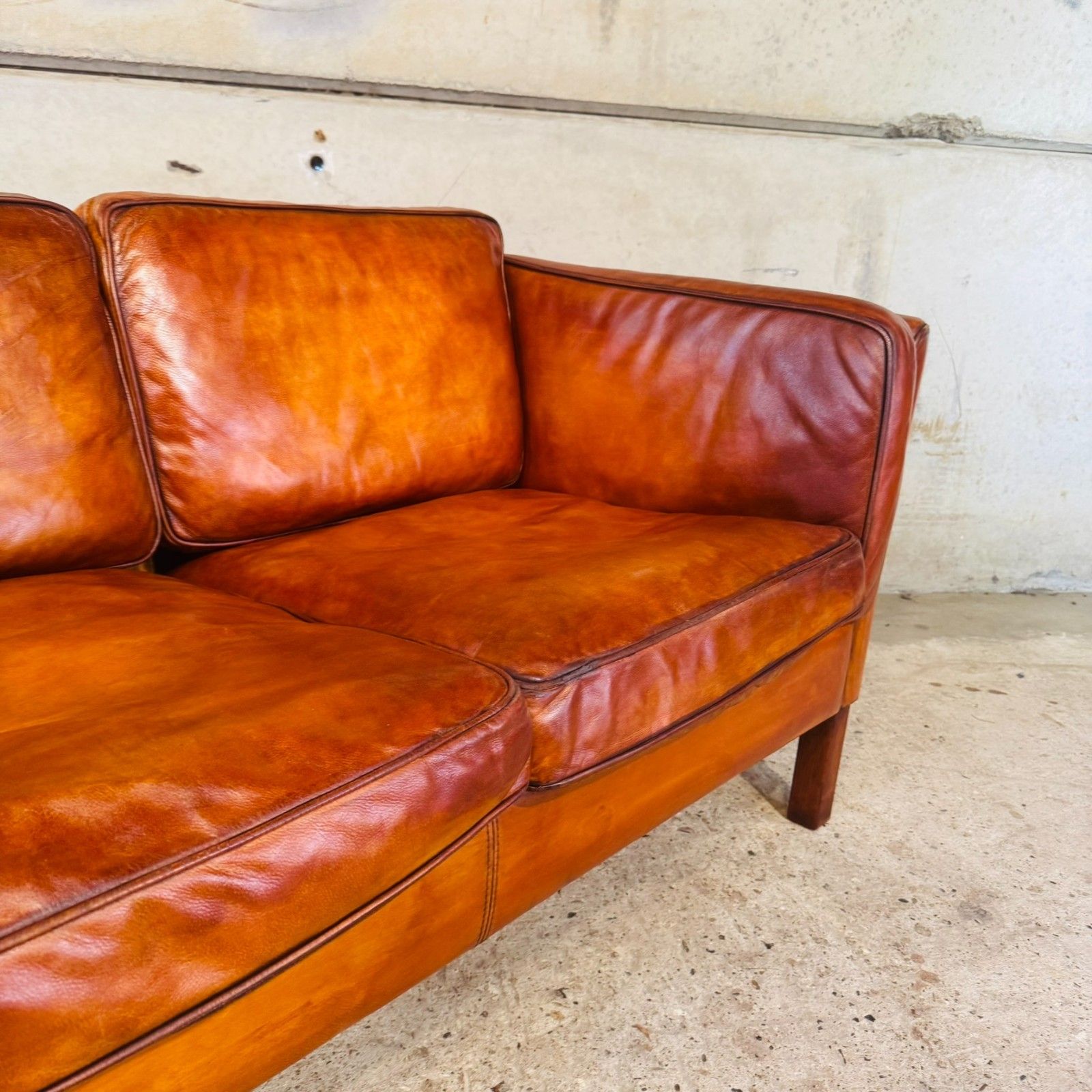 Danish Light Tan Leather 2 Seater Sofa — Elegant Lines #A763 photo vinterior