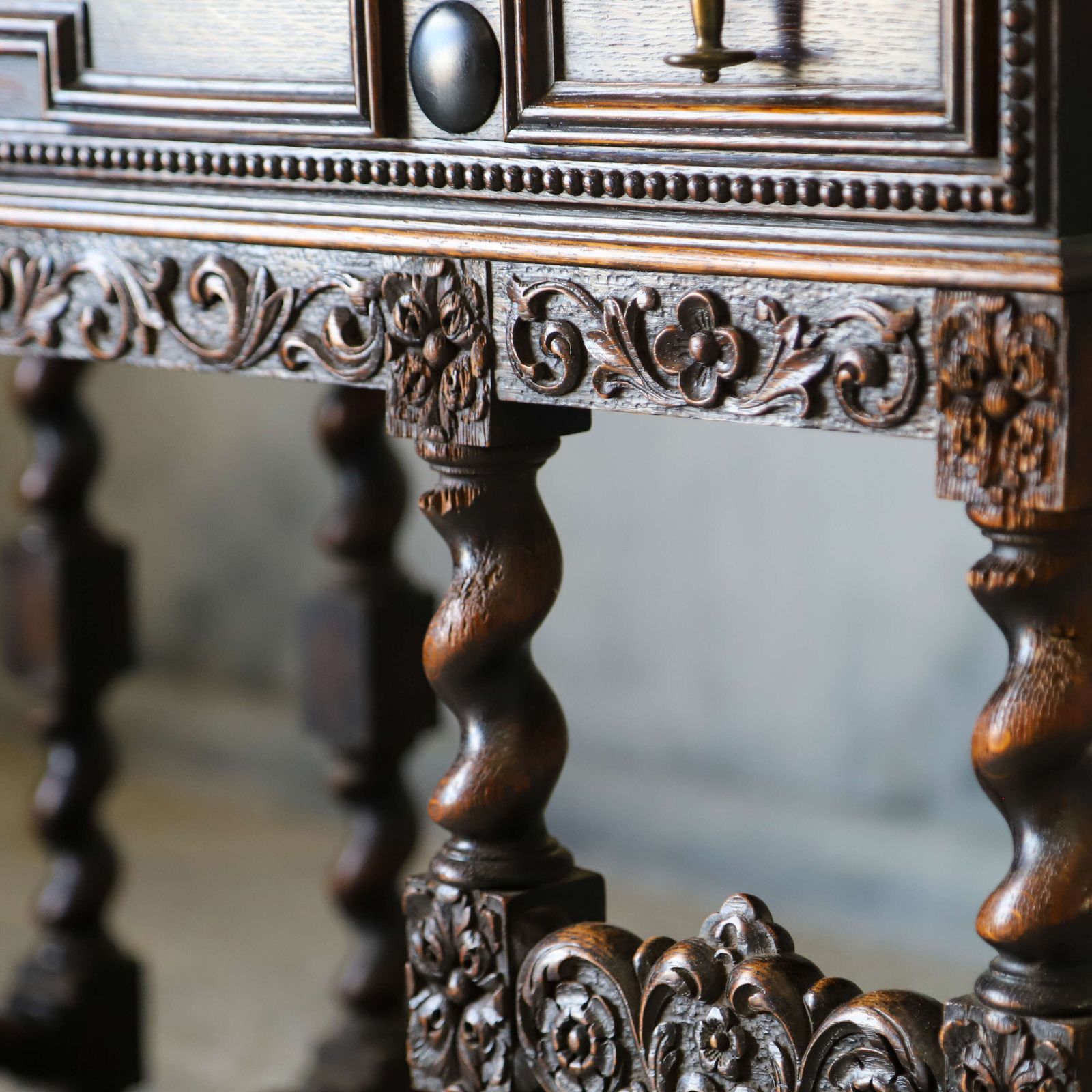 Furniture 1930s English Oak Sideboard   Carolean Revival   Finely Carved With Barley Twist Supports photo