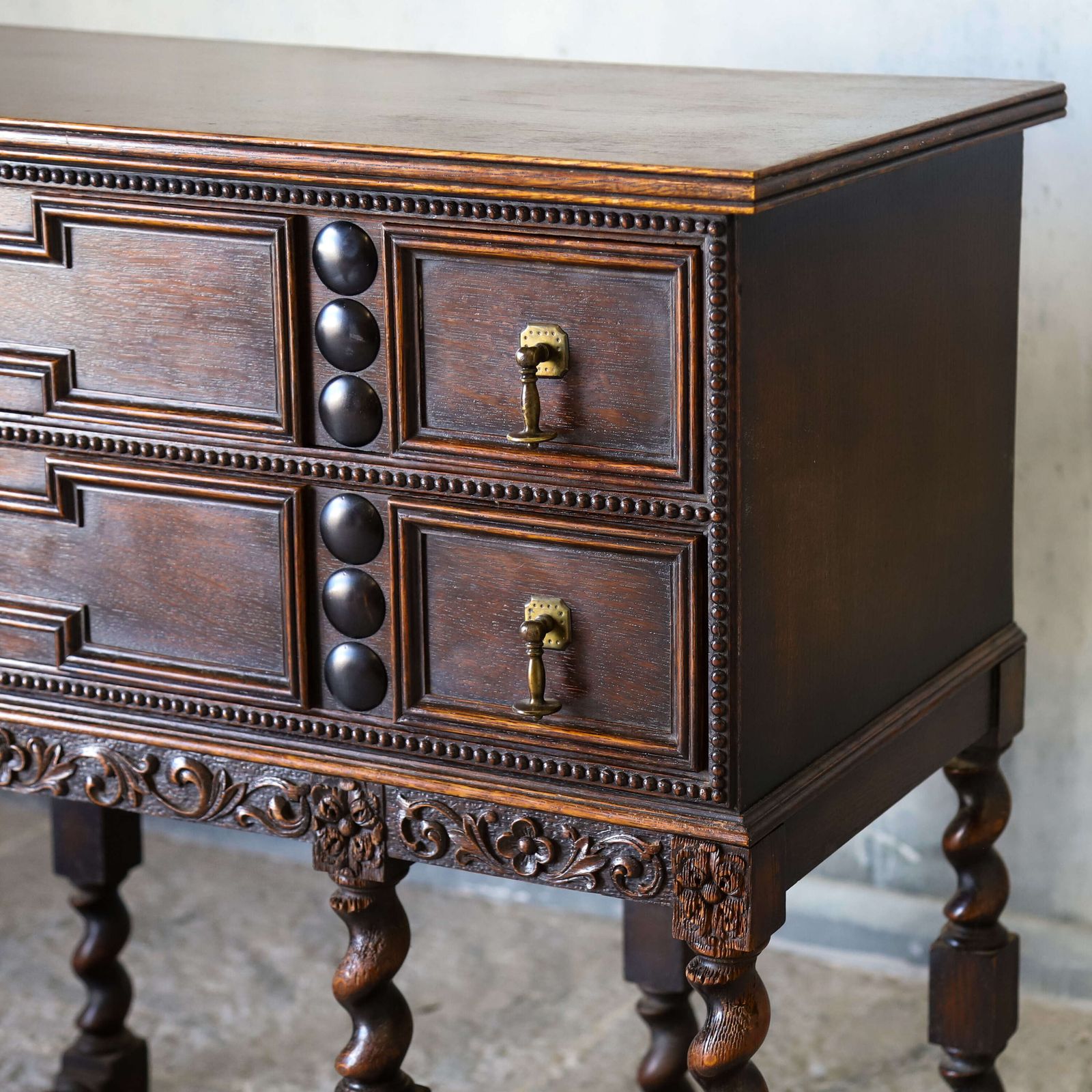 1125.0 1930s English Oak Sideboard   Carolean Revival   Finely Carved With Barley Twist Supports photo