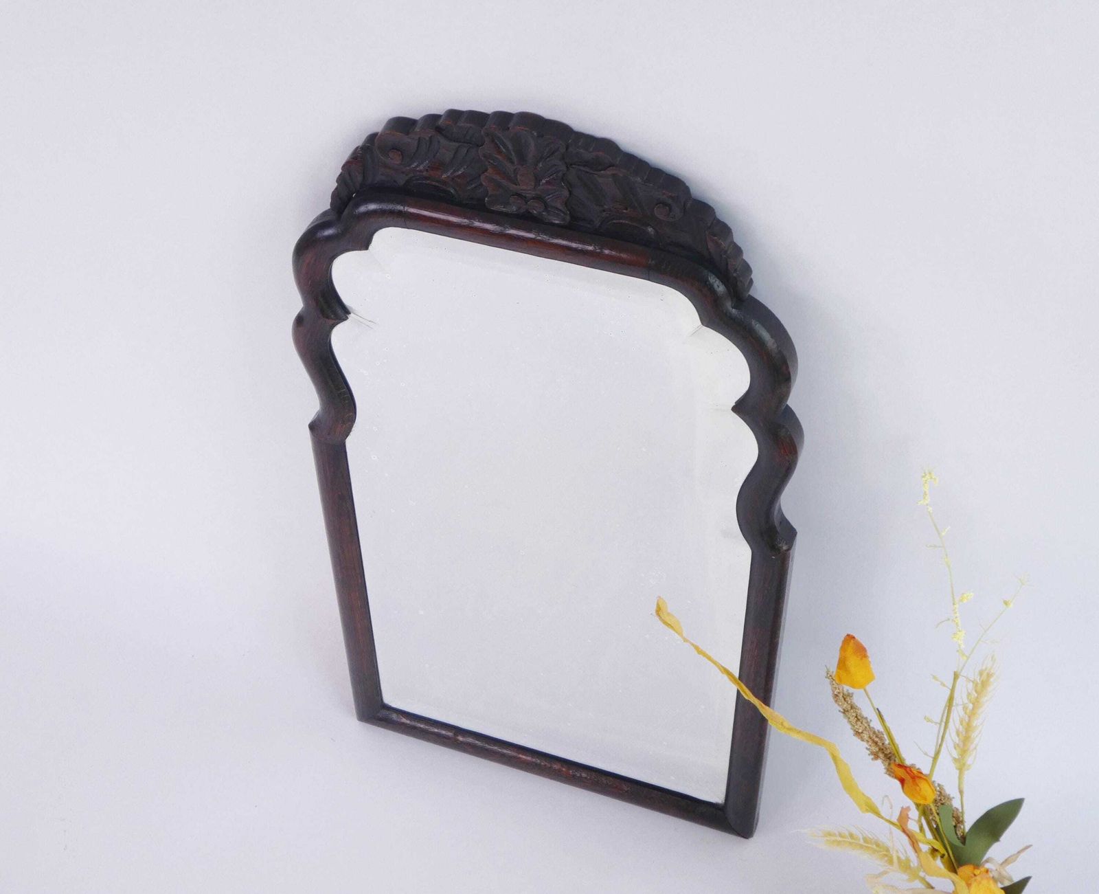 Scalloped Antique Wall Mirror With Carved Ornament, Dark Brown Wooden Mantle Mirror, Dutch Farmhouse Decor Wall Hanging, Beveled Mirror photo Home Decor