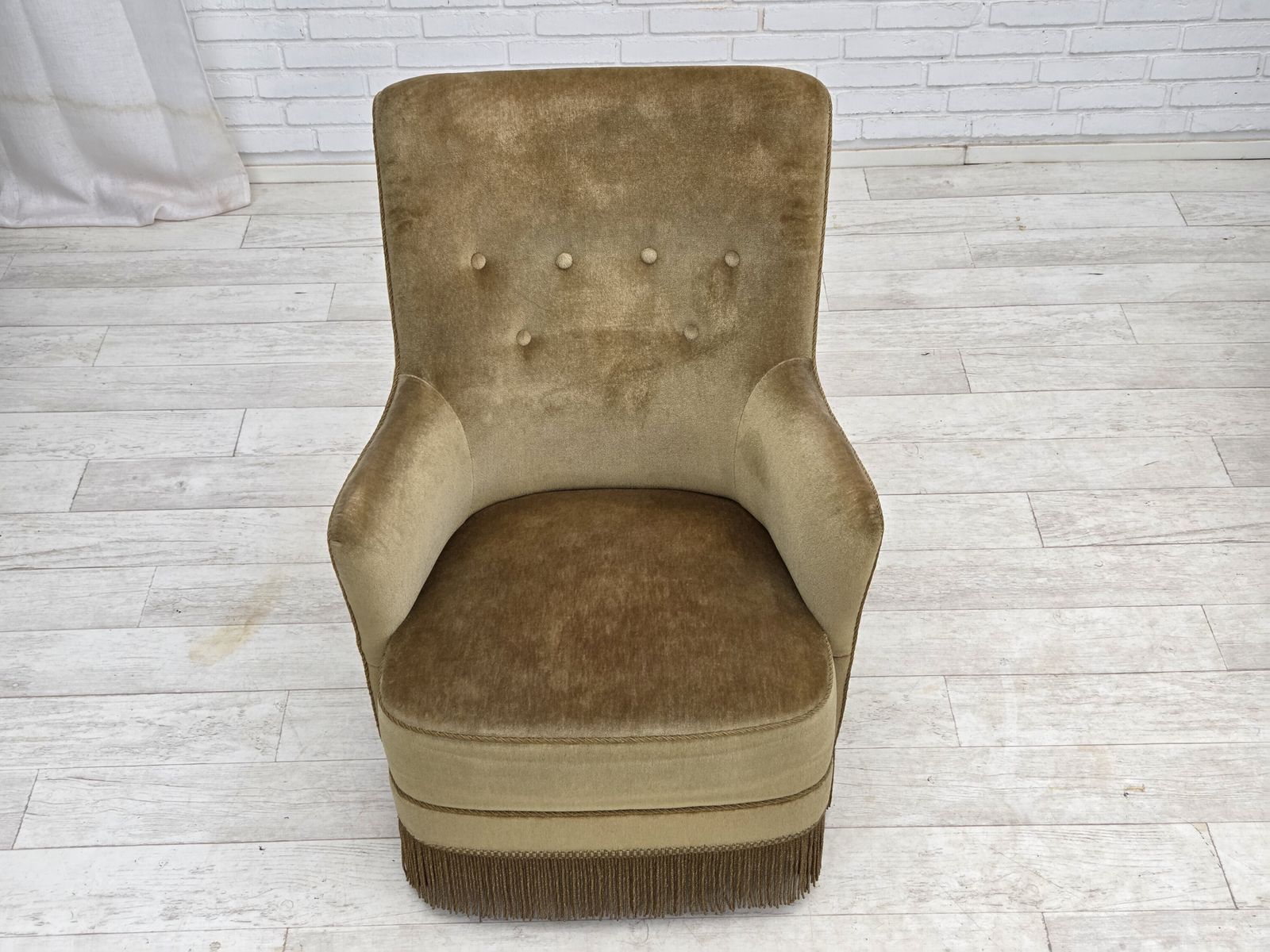 1970s, Danish Highback Armchair, Light Green Furniture Velour. photo Furniture