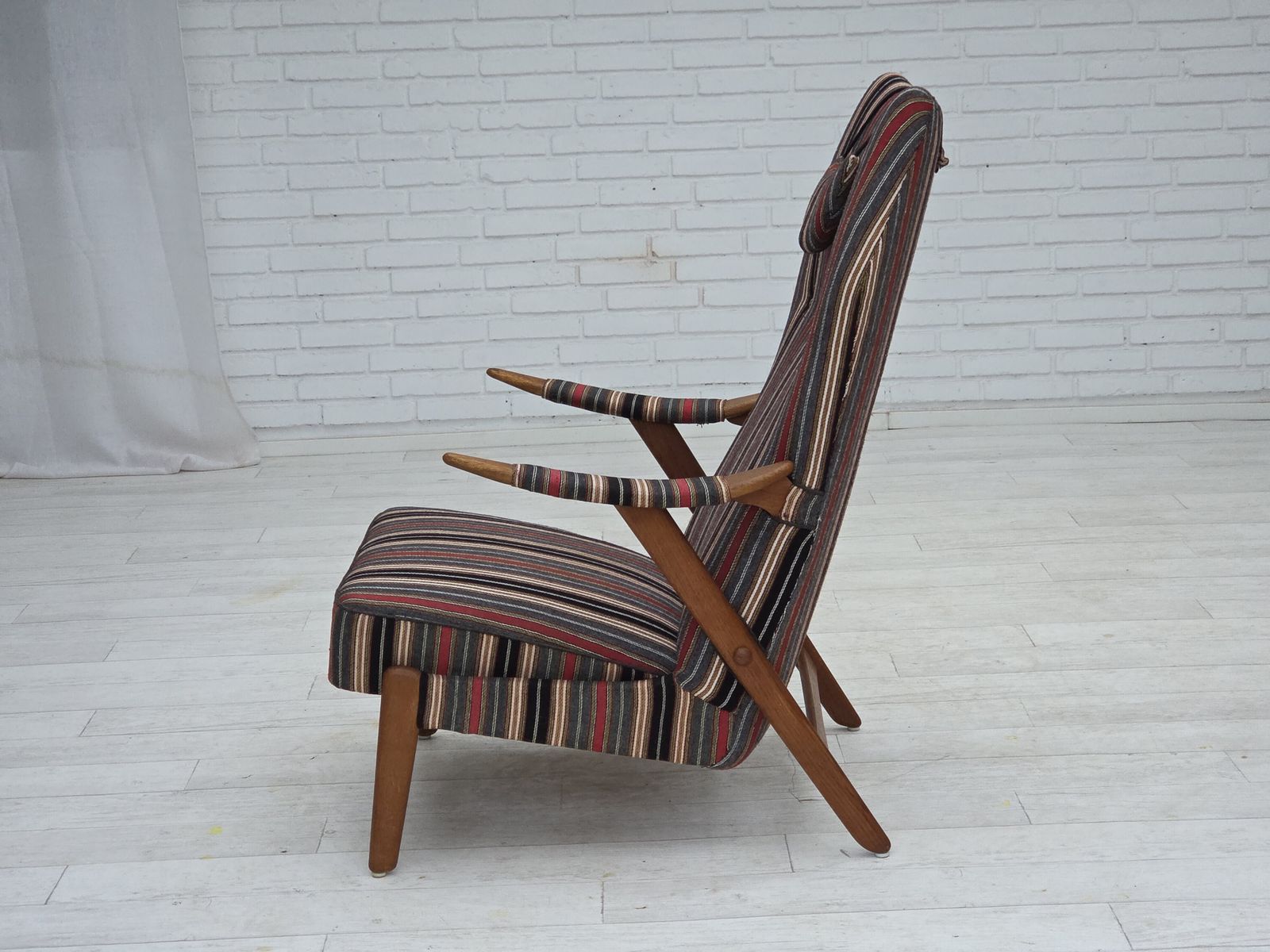 1960s, Swedish Armchair, Striped Furniture Wool Fabric, Oak Wood, Teak Wood. photo furniture