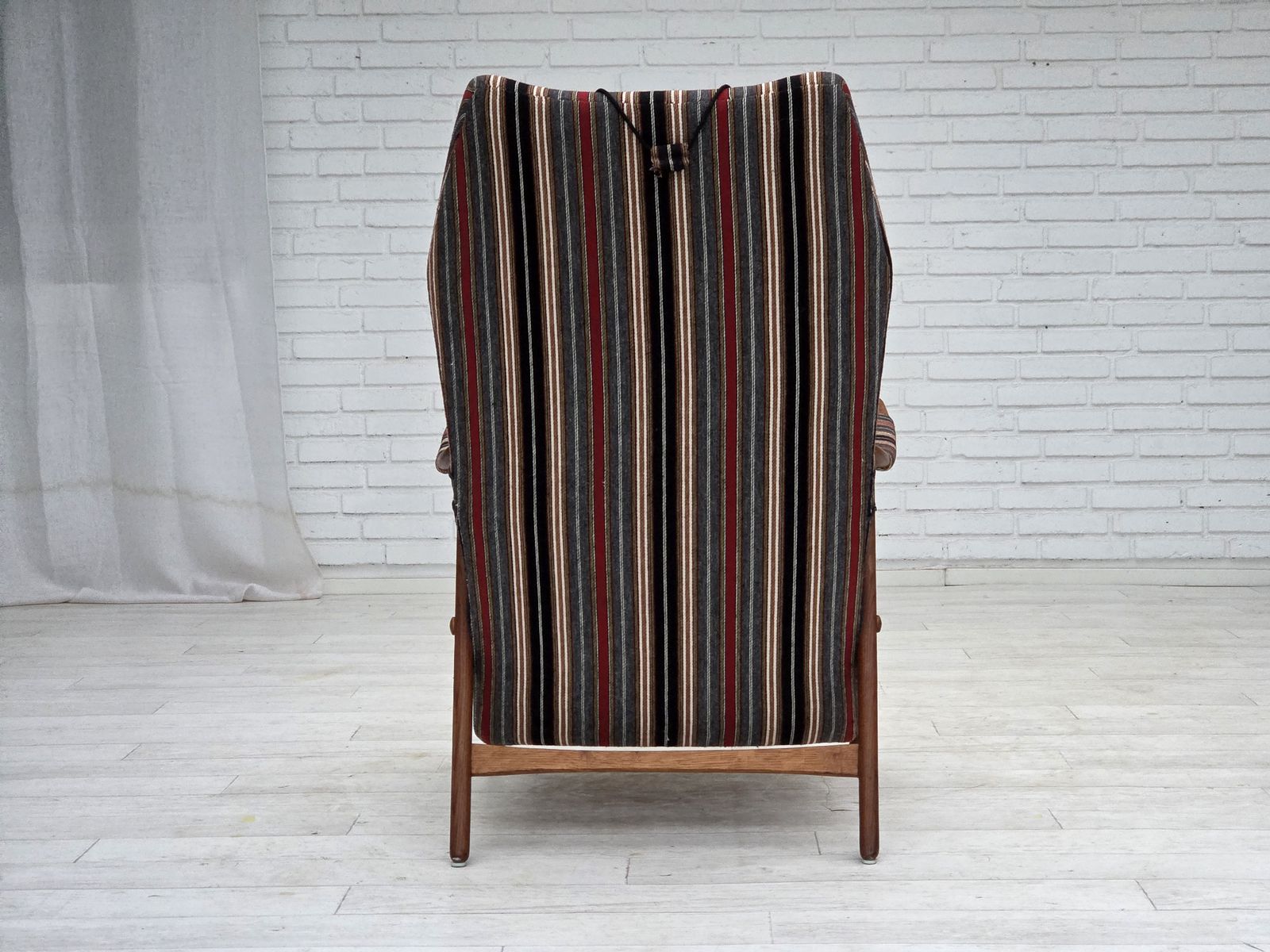 photo for sale 1960s, Swedish Armchair, Striped Furniture Wool Fabric, Oak Wood, Teak Wood.