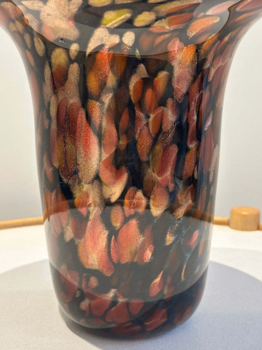 195.0 1990s American Contemporary Handblown Brown & Black Aventurine Glass Vase photo