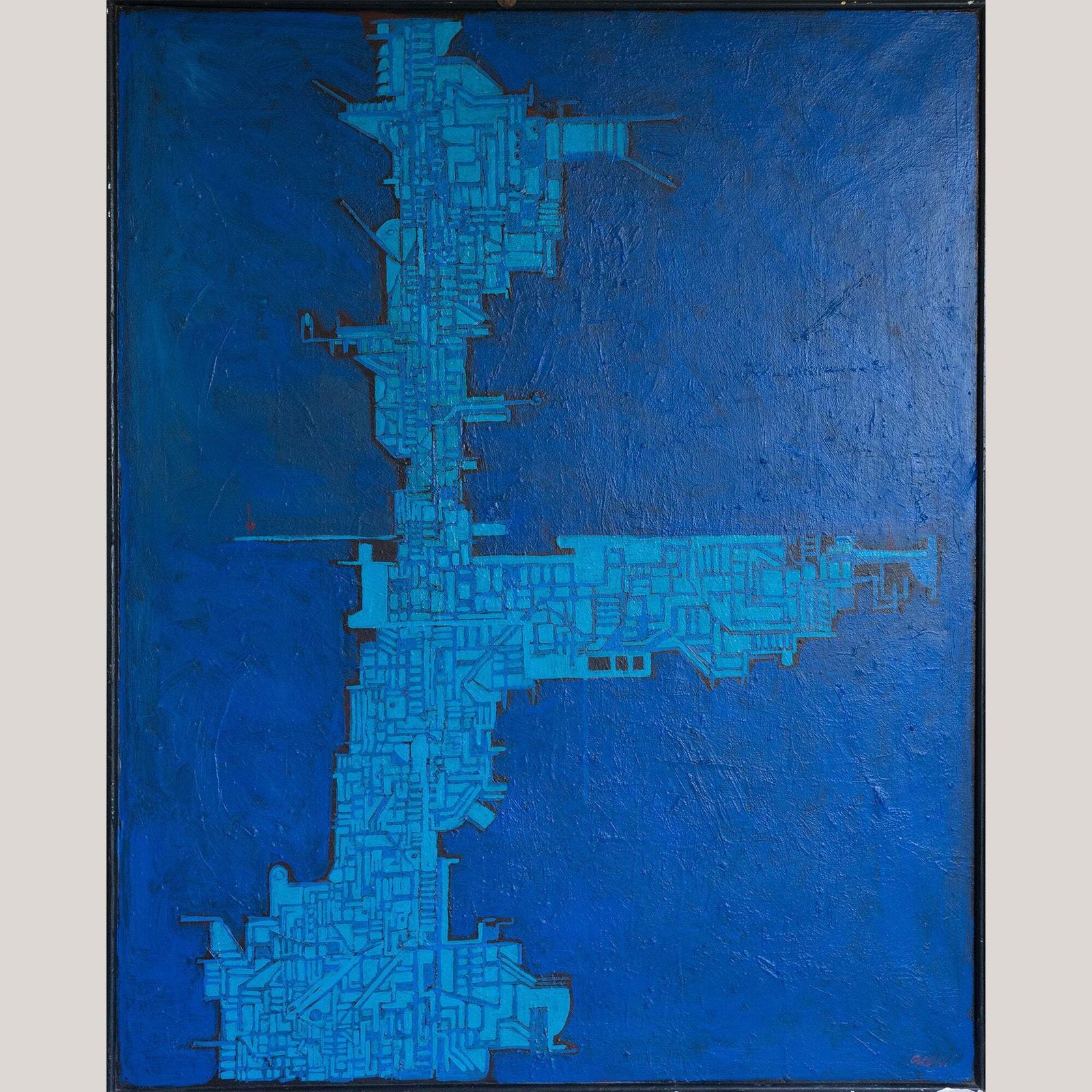 Blauwe Abstracte Geometrische Compositie – 19e Eeuw, Olieverf Op Doek, Door Cellos photo for sale