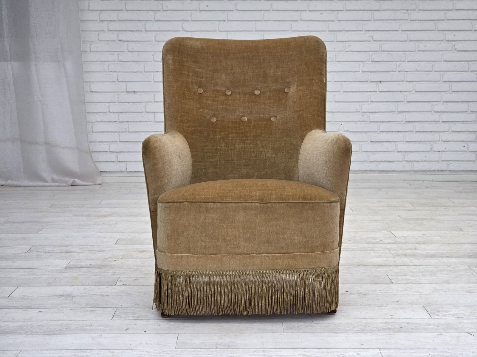 1970s, Danish Highback Armchair, Light Green Furniture Velour. photo furniture